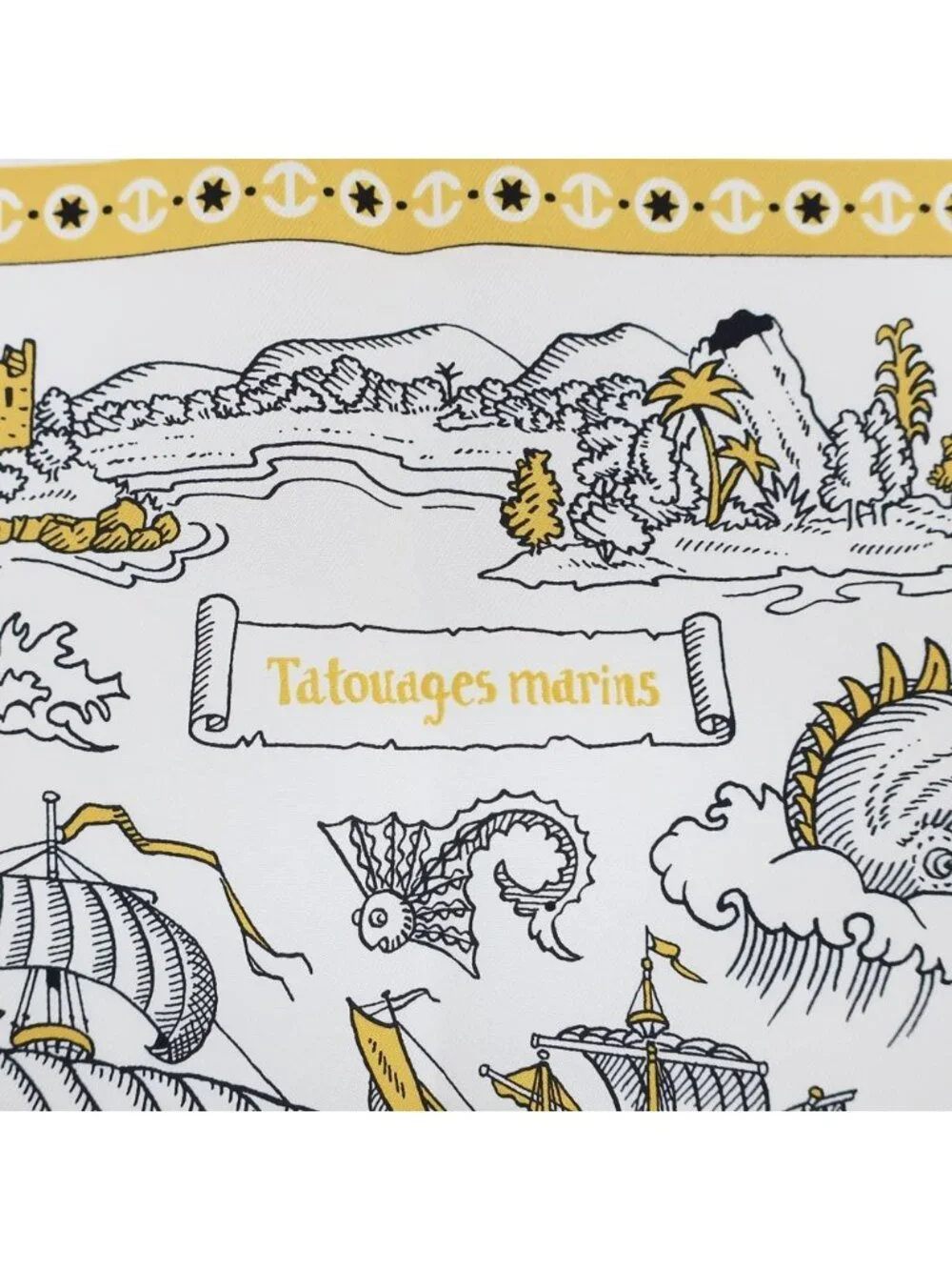 Hermes Heaven Carre 70 Cloete Sailor Tattoo Bandana Scarf Silk Yellow White